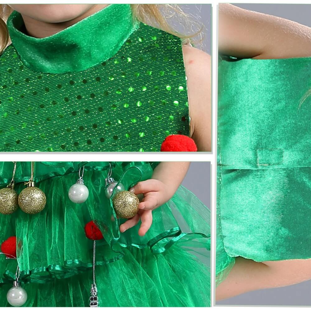 Girls Christmas Tree Costume Glitter Dress with Ornaments and A Christmas Tree Hat Funny Dress Up Elf Outfit