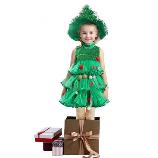 Girls Christmas Tree Costume Glitter Dress with Ornaments and A Christmas Tree Hat Funny Dress Up Elf Outfit