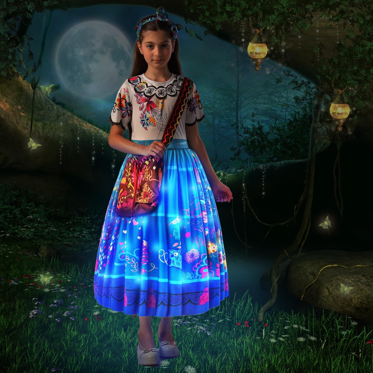 Light-up Mirabel Costume Girls Party Birthday Dress Up Outfit with Bag and Hairband