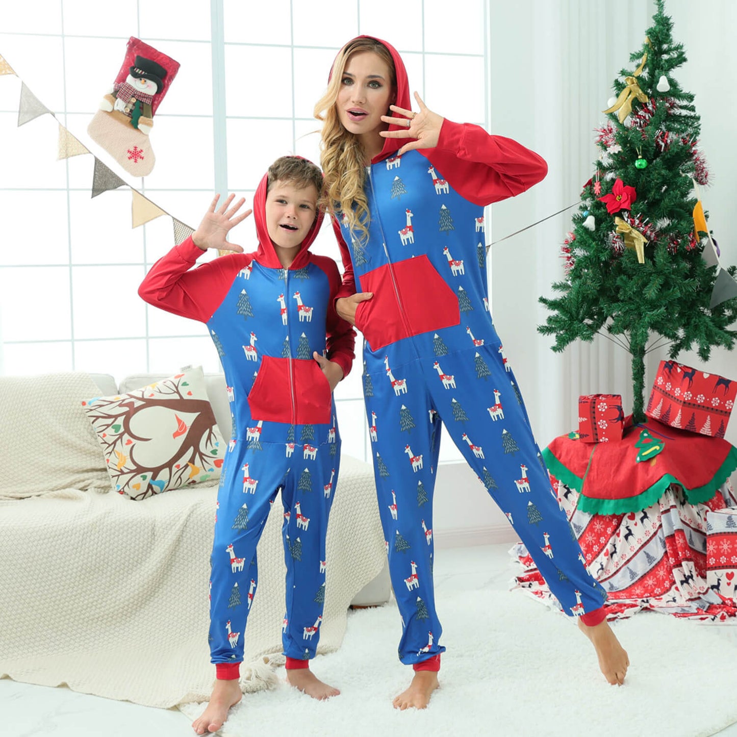 Family Matching Christmas Pajamas One Piece Zipper Hoodie for Whole Members