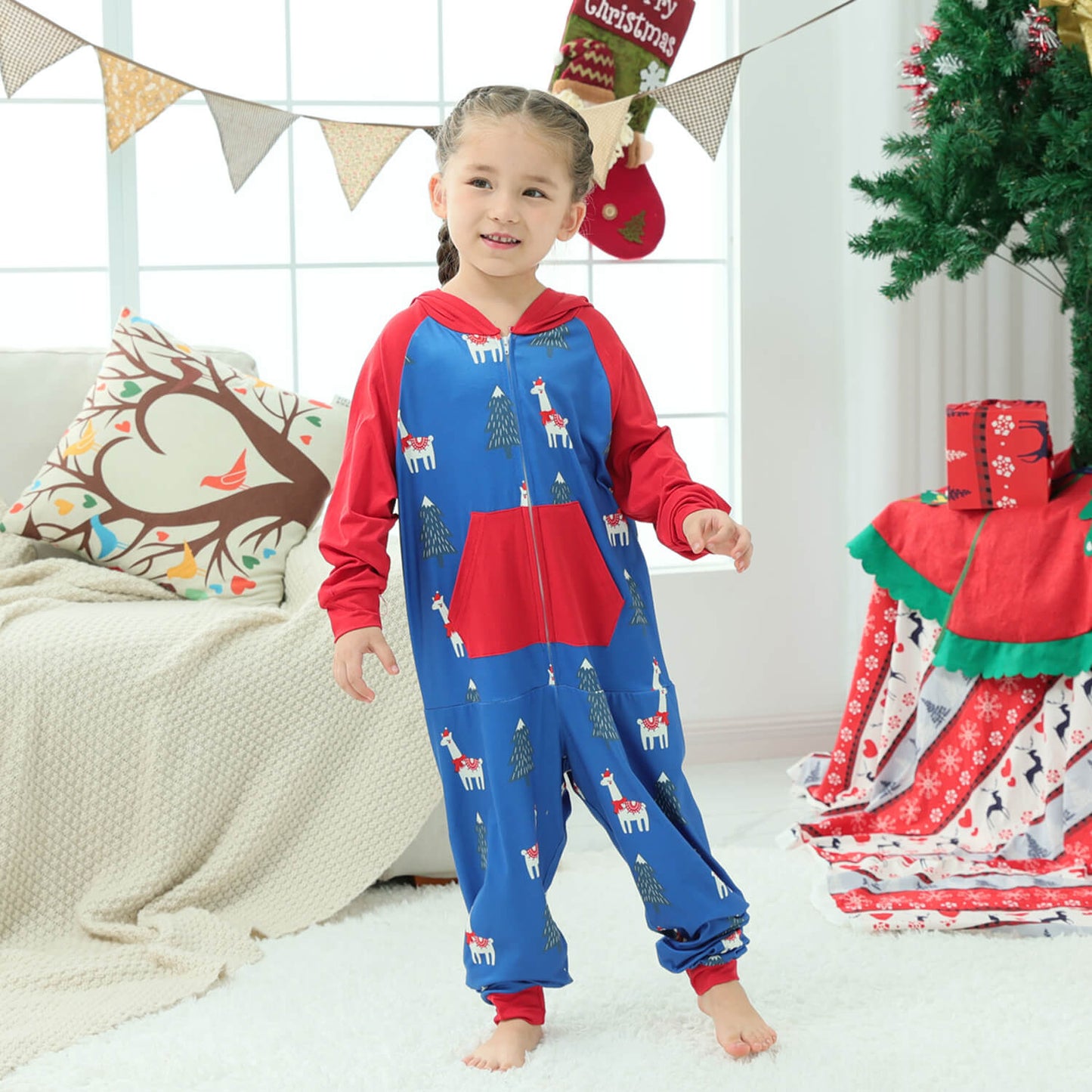 Family Matching Christmas Pajamas One Piece Zipper Hoodie for Whole Members