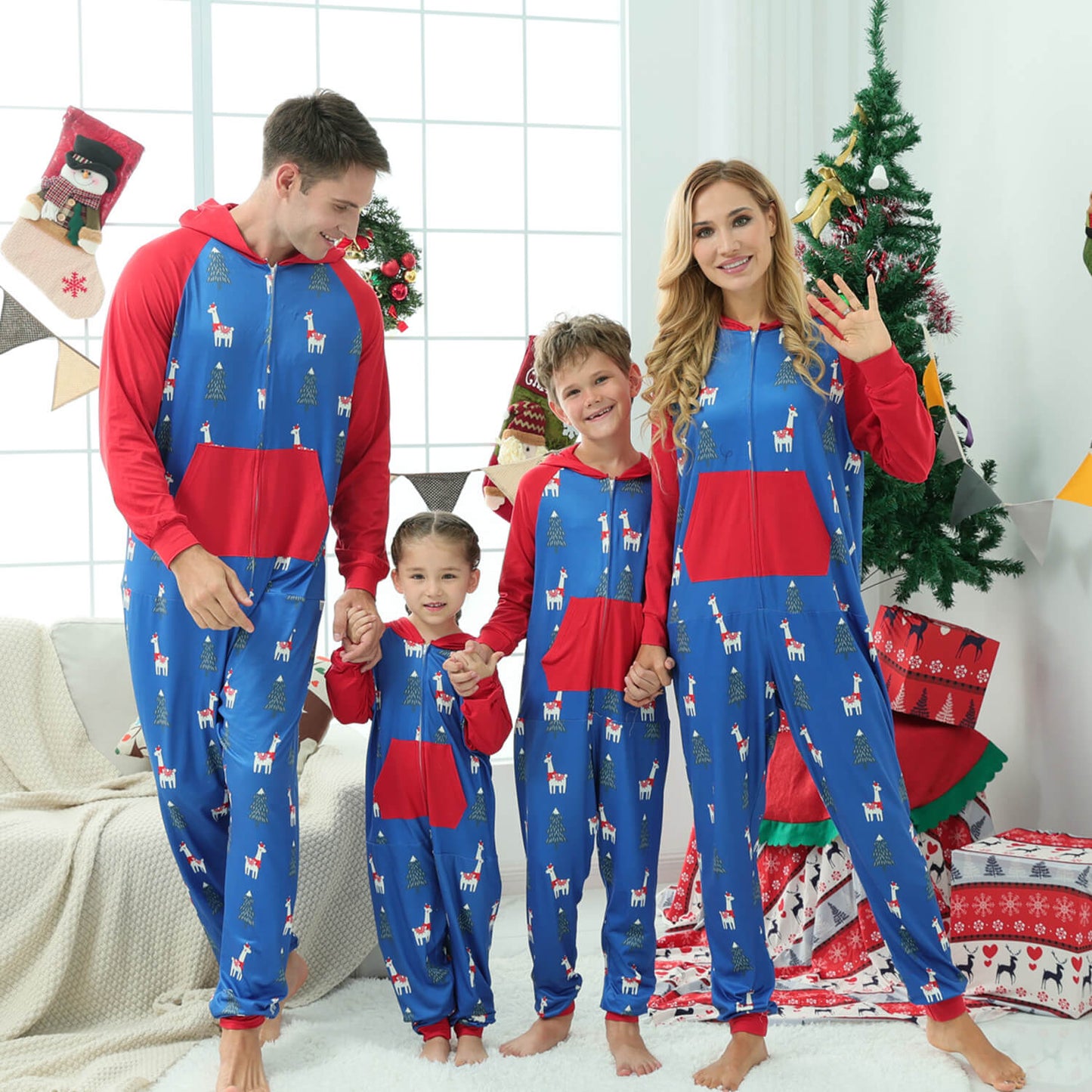 Family Matching Christmas Pajamas One Piece Zipper Hoodie for Whole Members