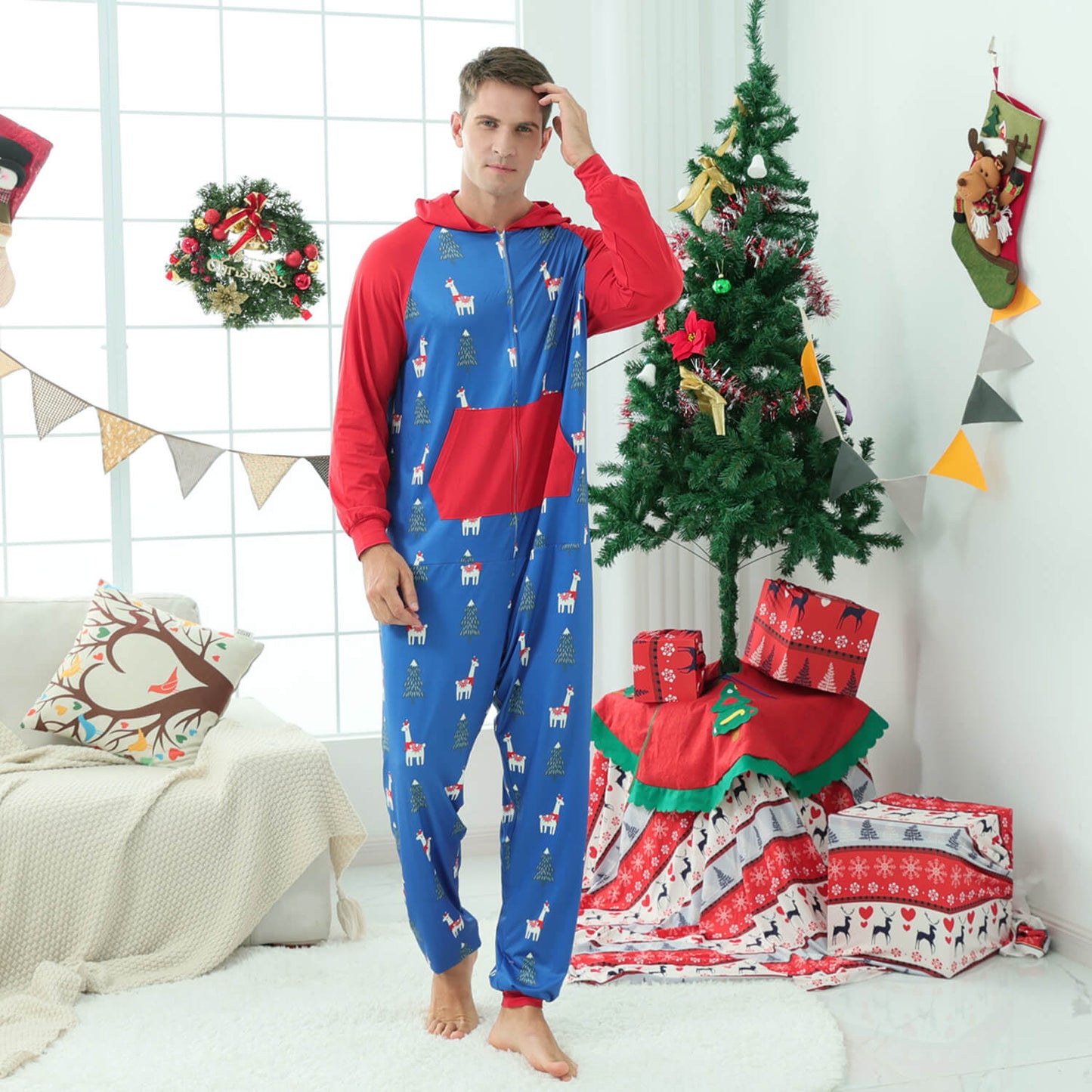 Family Matching Christmas Pajamas One Piece Zipper Hoodie for Whole Members