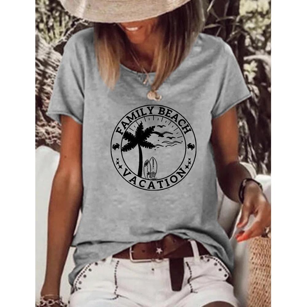 VACATION Letter and Beach Print Crew Neck Short Sleeve Tee