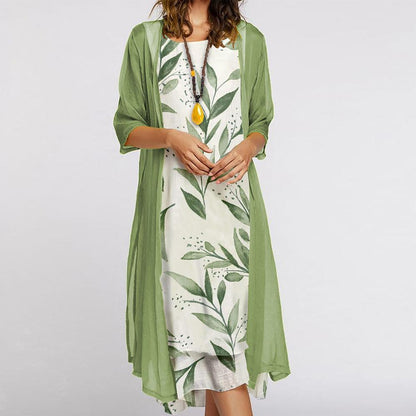 Floral Print Round Neck Dress With Solid Mesh Half Sleeve Kimono Set