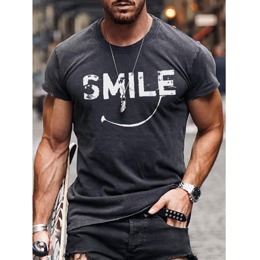 Men Letter & Flag Print Round Neck Short Sleeve T-Shirt