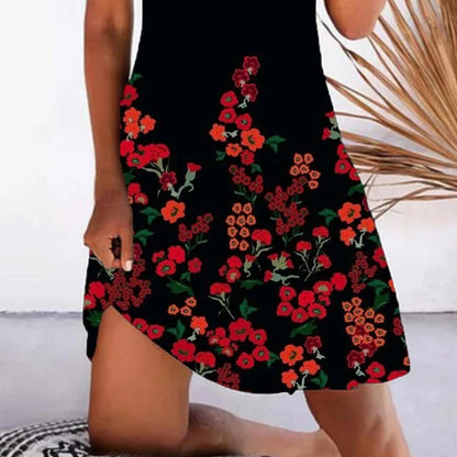 Black Floral Print Lace Patched V Neck Sleeveless Tank Dress