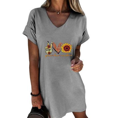 Funny Sunflower Print V Neck Short Sleeve Dress