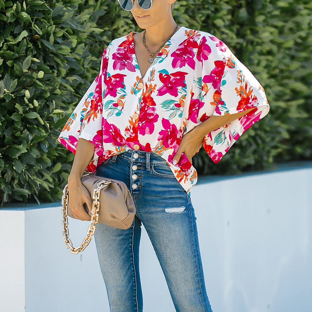 Floral Print V Neck Button Front Blouse