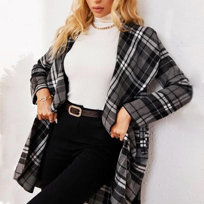 Plaid Black and White Open Front Long Sleeve Belted Casual Coat