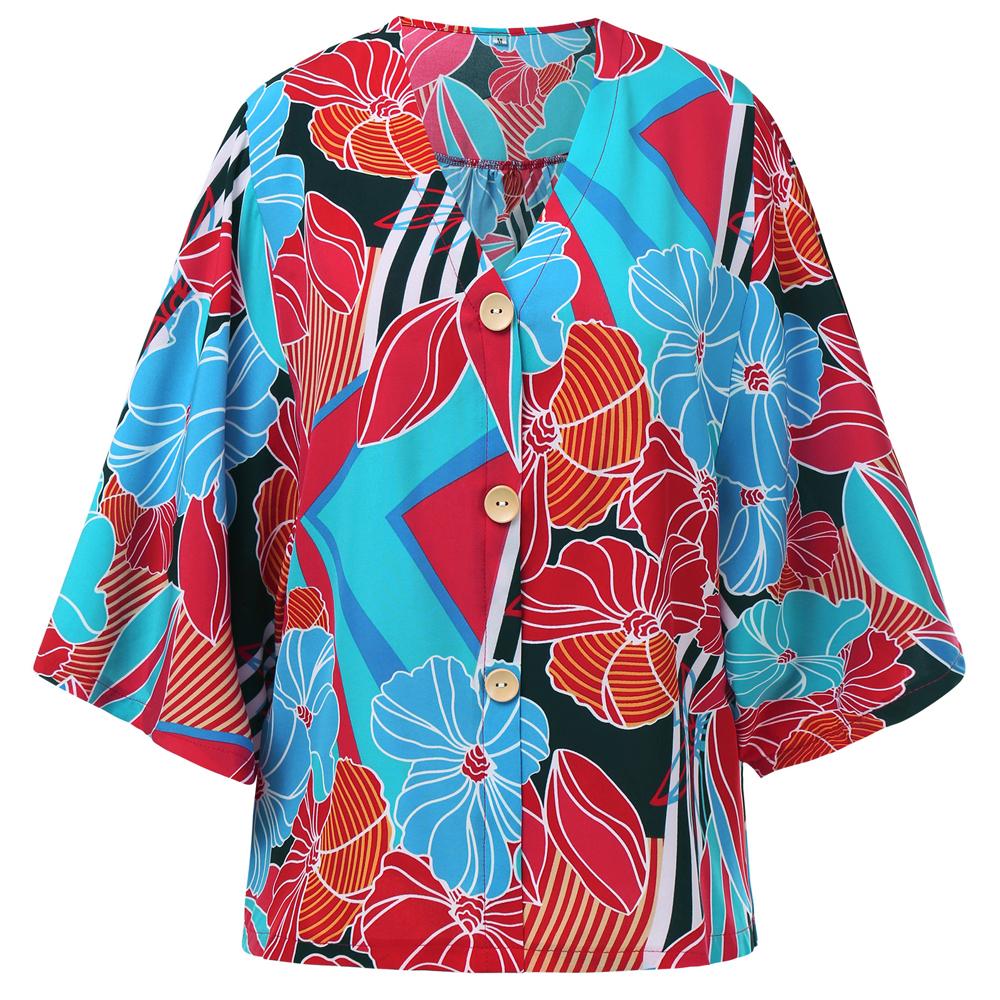 Floral Print V Neck Button Front Blouse