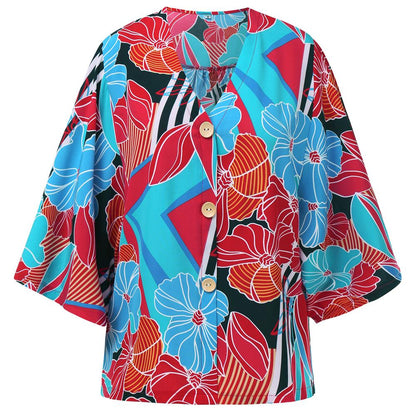 Floral Print V Neck Button Front Blouse