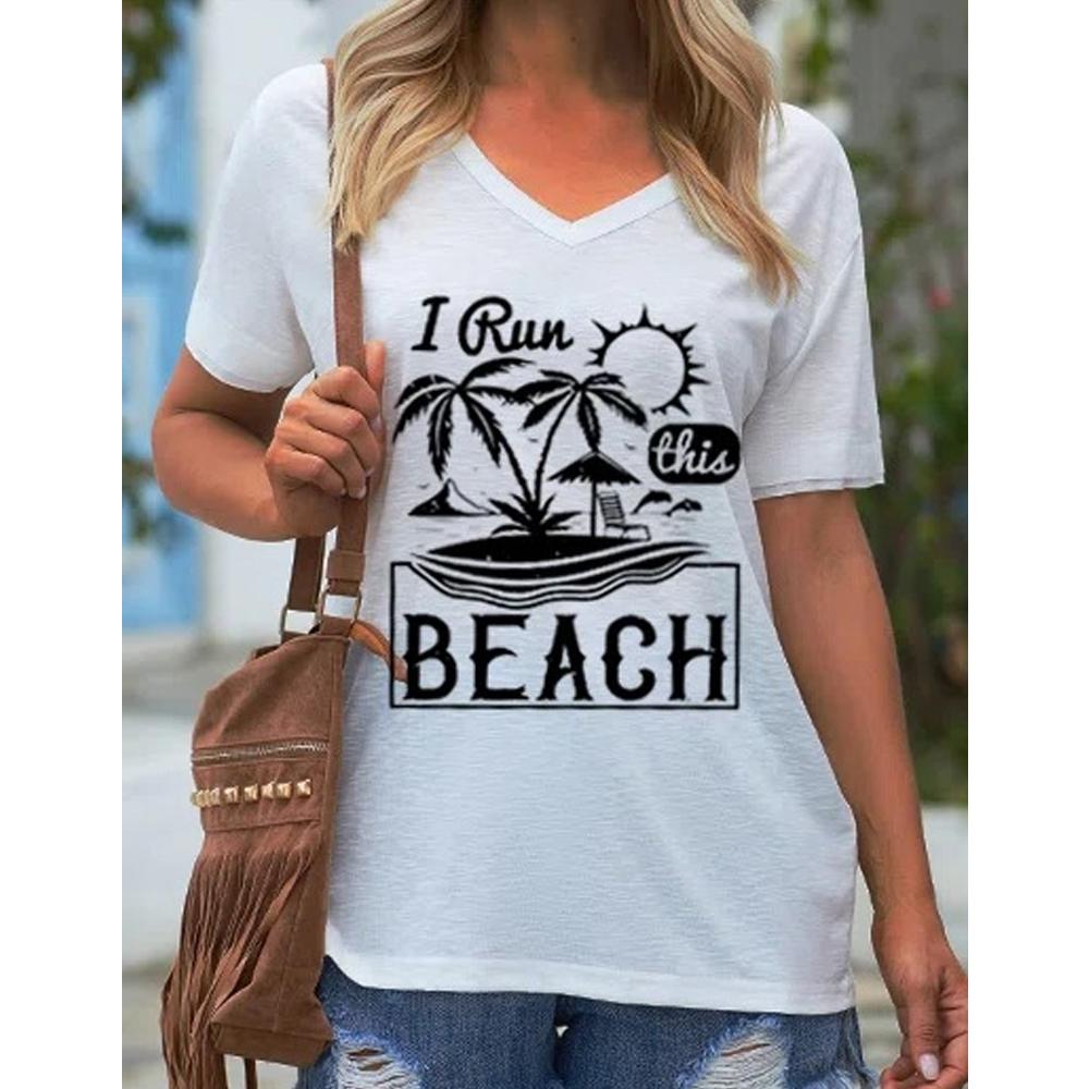 THIS BEACH Letter and Coconut Tree Print V Neck Short Sleeve Tee