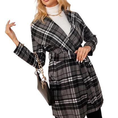 Plaid Black and White Open Front Long Sleeve Belted Casual Coat