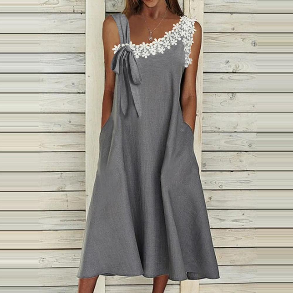 Grey Guipure Lace Appliques Asymmetrical Neck Tank Dress