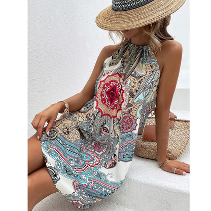 Floral Print Tie Back Halter Neck Mini Dress