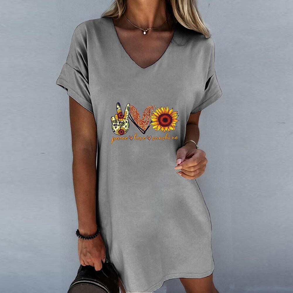Funny Sunflower Print V Neck Short Sleeve Dress