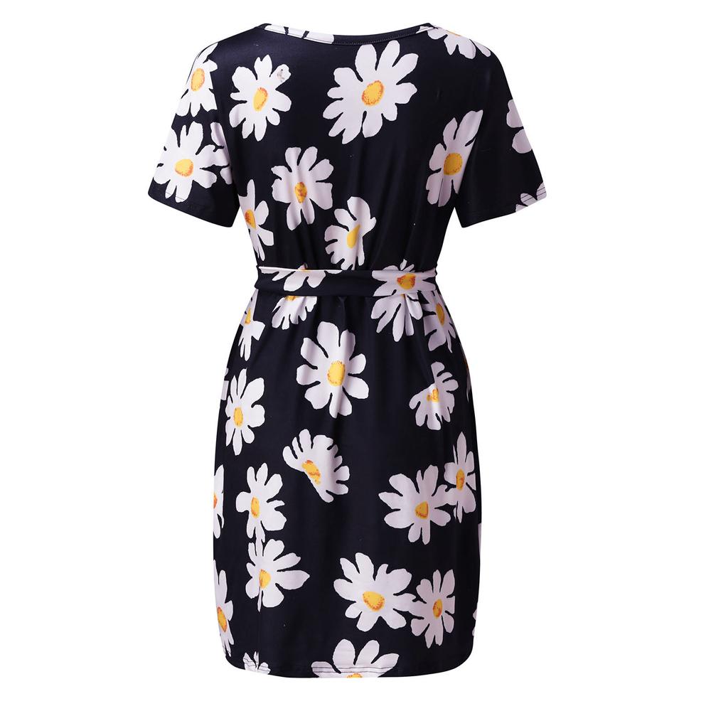 Floral & Ombre Printed Round Neck Short Sleeve Belted Dress