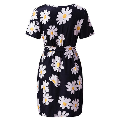 Floral & Ombre Printed Round Neck Short Sleeve Belted Dress