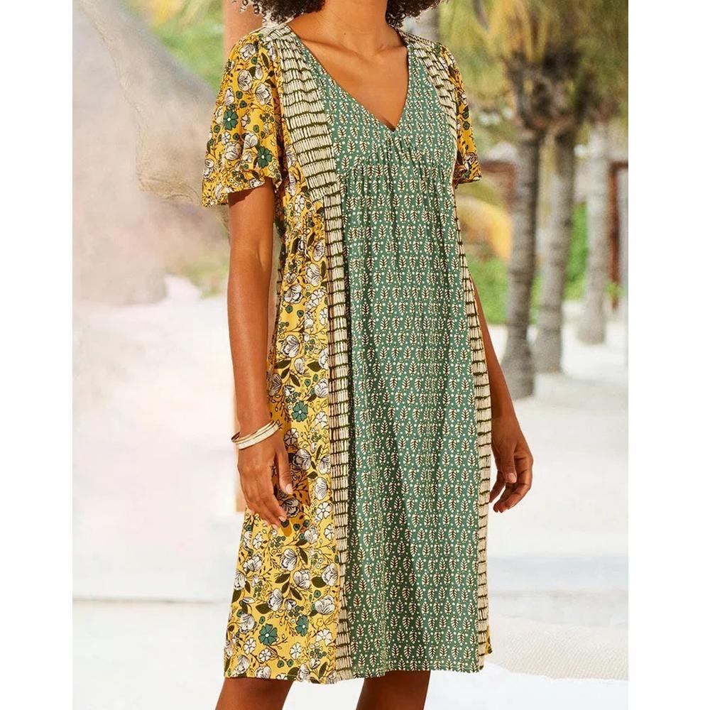 All over Botanical Pattern V Neck Short Sleeve Dress