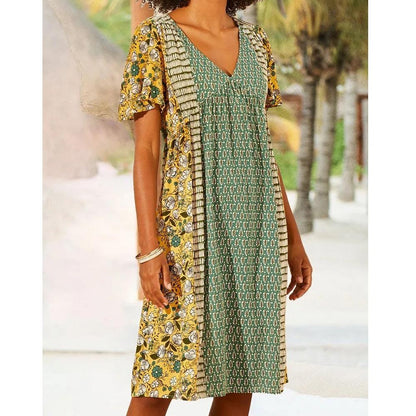 All over Botanical Pattern V Neck Short Sleeve Dress
