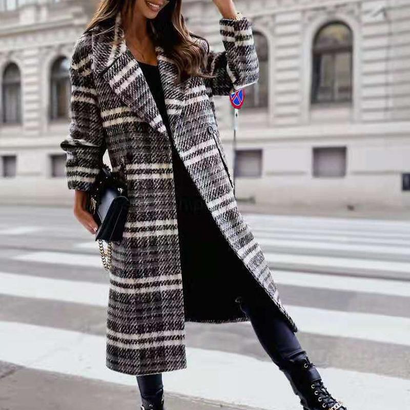 Grey & Black Buffalo Plaid Flap Detail Coat Lapel Neck Plaid Double Breasted Overcoat