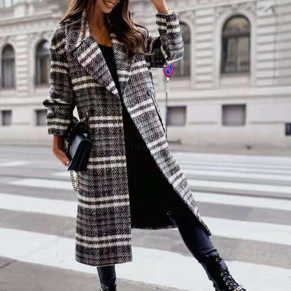 Grey & Black Buffalo Plaid Flap Detail Coat Lapel Neck Plaid Double Breasted Overcoat