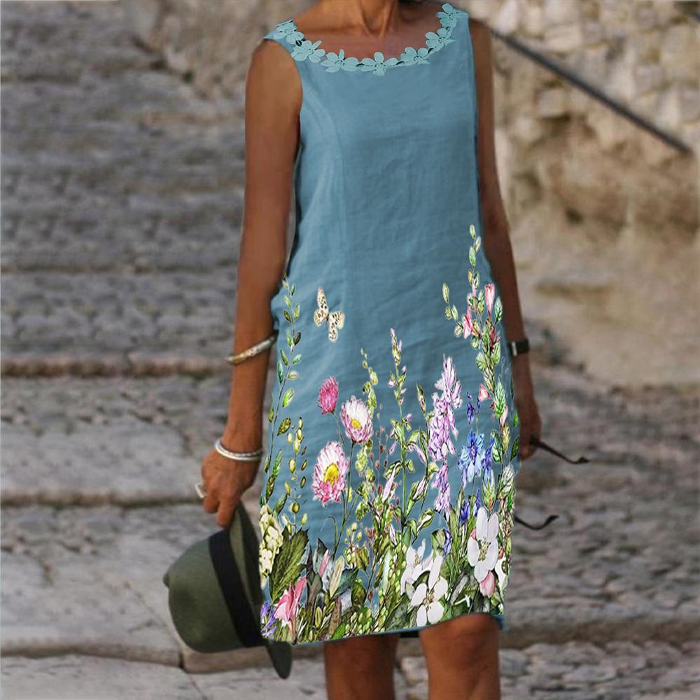 Floral Print Lace Trim Round Neck Sleeveless Chiffon Tank Dress