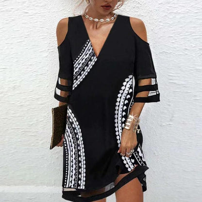 Floral & Geo Print V Neck Cold Shoulder Mesh Panel Short Sleeve Dress