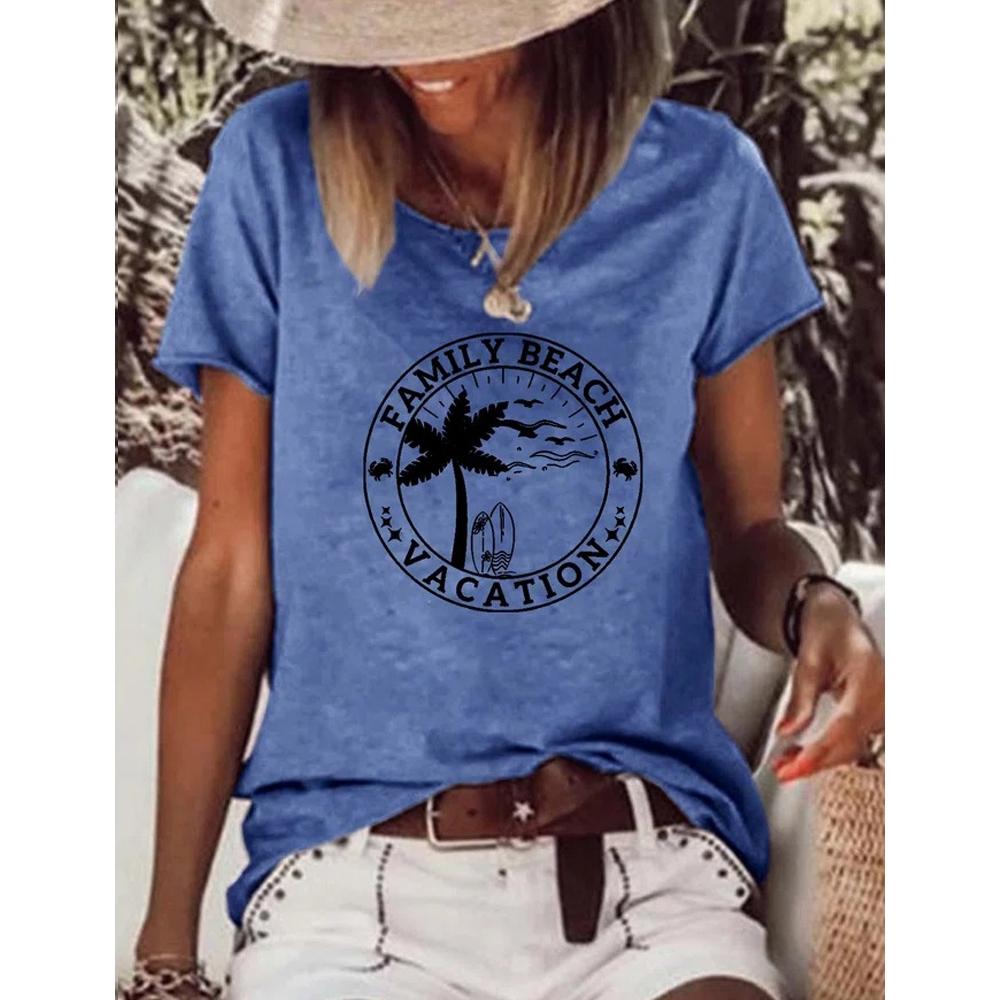 VACATION Letter and Beach Print Crew Neck Short Sleeve Tee