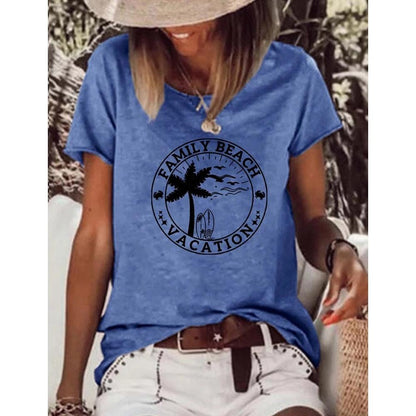 VACATION Letter and Beach Print Crew Neck Short Sleeve Tee