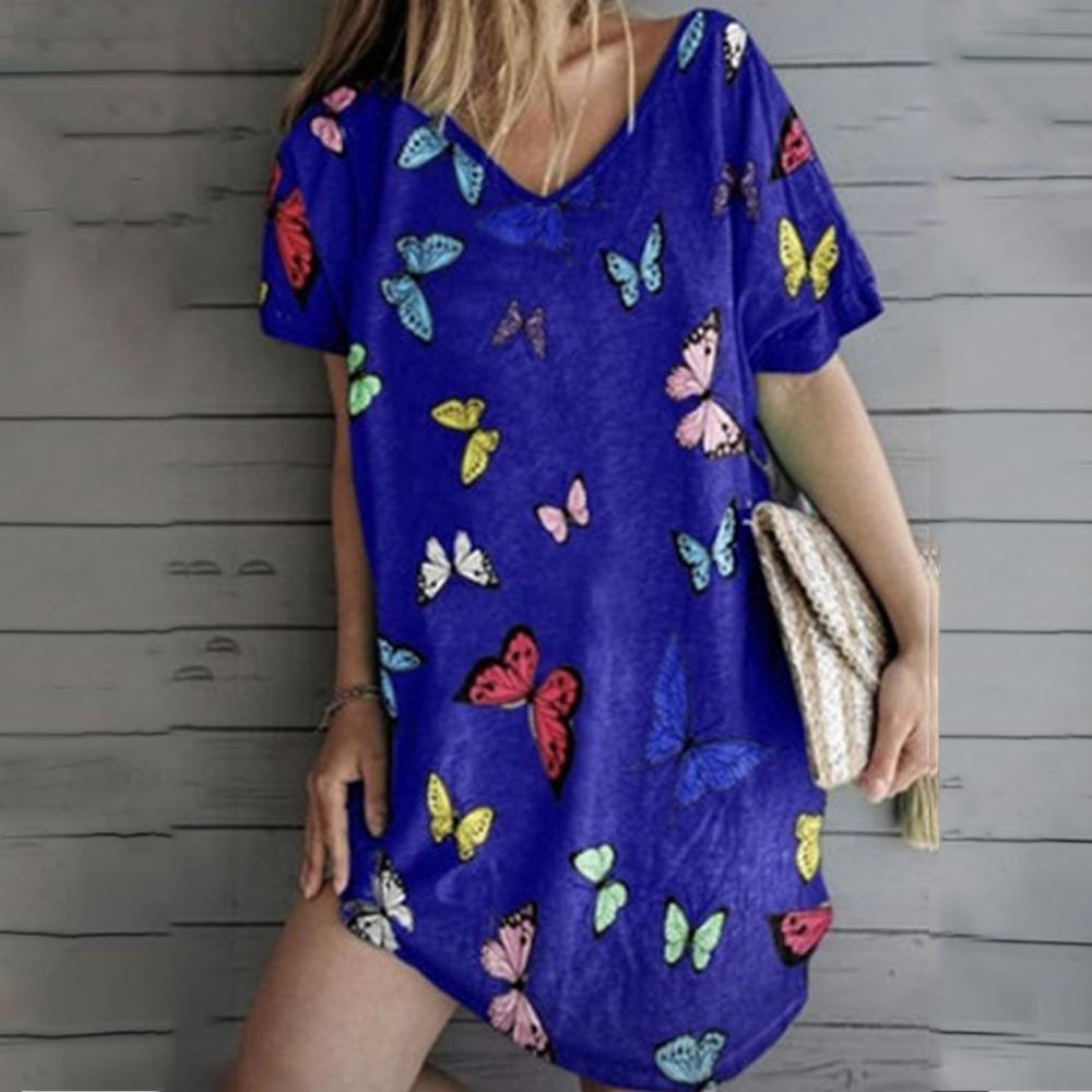 Butterfly Print V Neck Short Sleeve Loose Dress