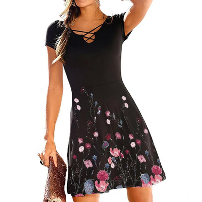 Black Floral & Butterfly Print Crisscross V Neck Short Sleeve Dress