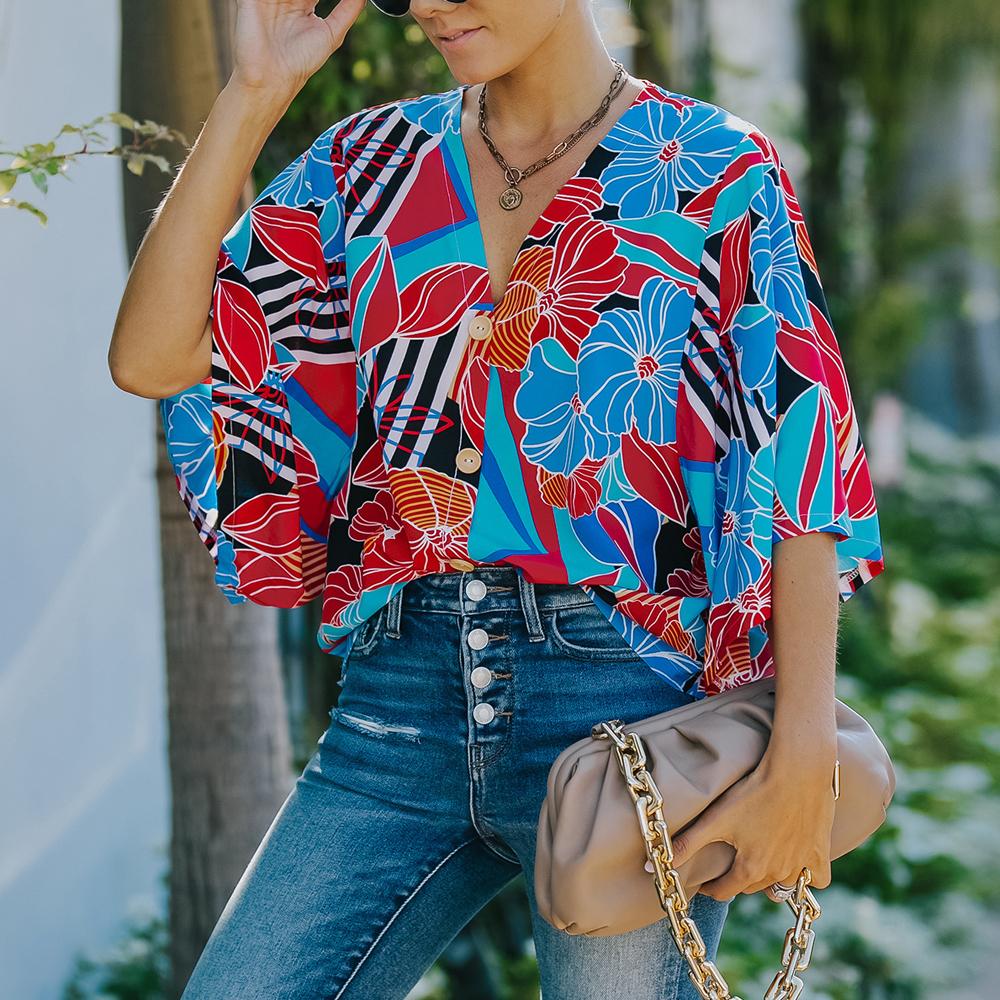 Floral Print V Neck Button Front Blouse
