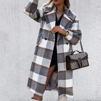 Grey & Black Buffalo Plaid Flap Detail Coat Lapel Neck Plaid Double Breasted Overcoat