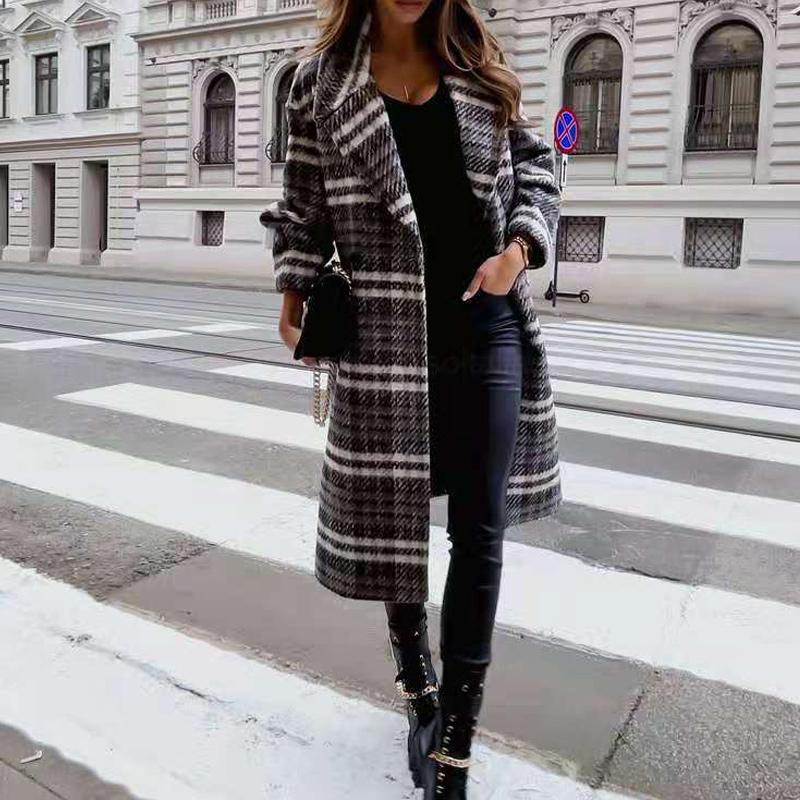 Grey & Black Buffalo Plaid Flap Detail Coat Lapel Neck Plaid Double Breasted Overcoat