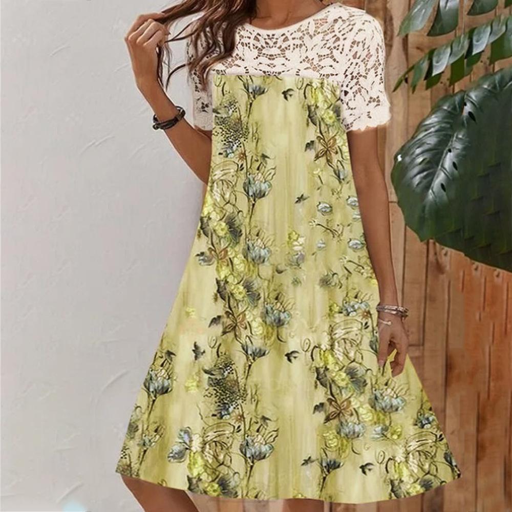 Floral Printed Lace Patchwork Short Sleeve Dress