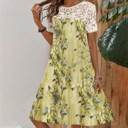 Floral Printed Lace Patchwork Short Sleeve Dress