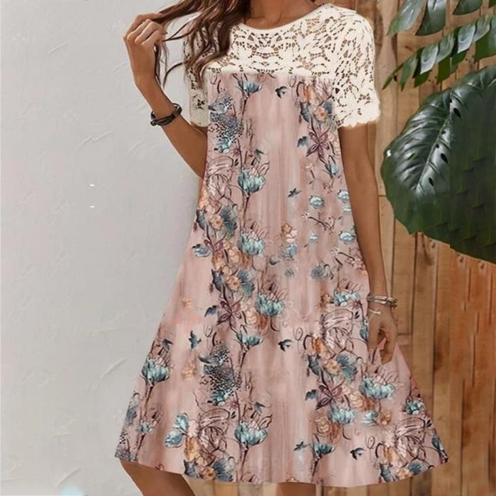 Floral Printed Lace Patchwork Short Sleeve Dress