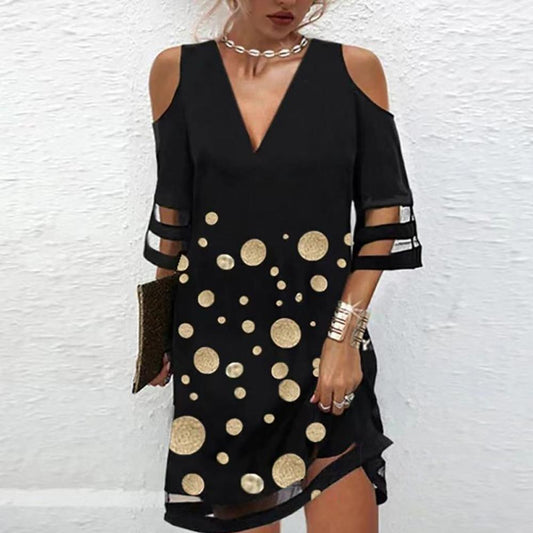 Floral & Geo Print V Neck Cold Shoulder Mesh Panel Short Sleeve Dress