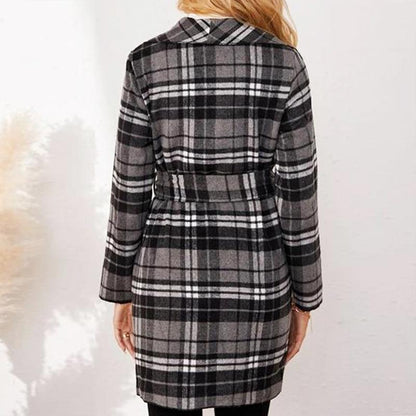 Plaid Black and White Open Front Long Sleeve Belted Casual Coat
