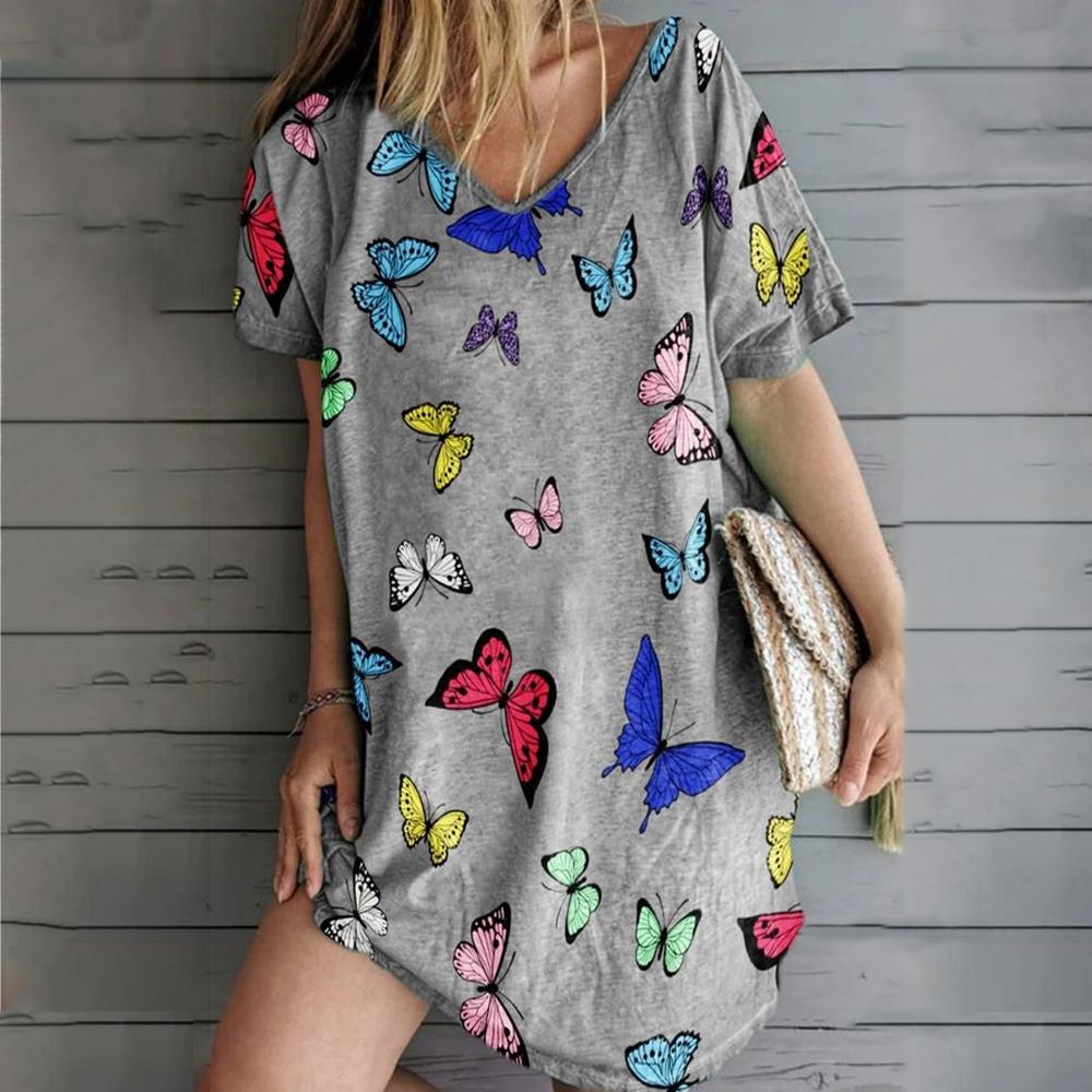 Butterfly Print V Neck Short Sleeve Loose Dress