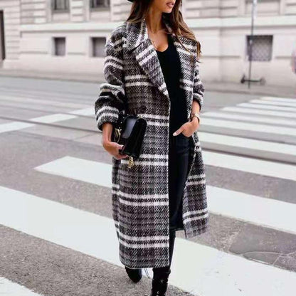 Grey & Black Buffalo Plaid Flap Detail Coat Lapel Neck Plaid Double Breasted Overcoat