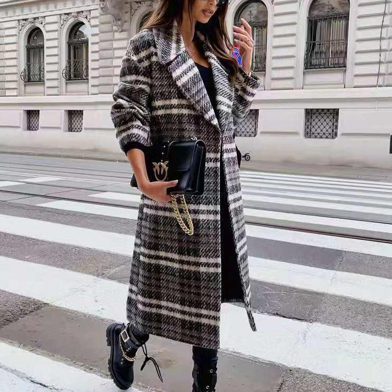 Grey & Black Buffalo Plaid Flap Detail Coat Lapel Neck Plaid Double Breasted Overcoat