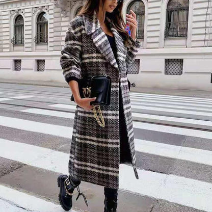 Grey & Black Buffalo Plaid Flap Detail Coat Lapel Neck Plaid Double Breasted Overcoat