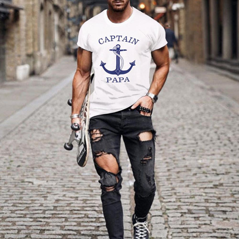 White Letter and Anchor Print Crewneck Short Sleeve Men T-Shirt