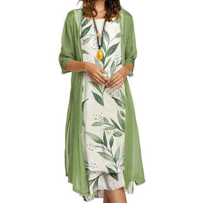 Floral Print Round Neck Dress With Solid Mesh Half Sleeve Kimono Set