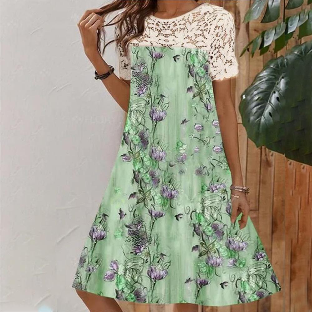 Floral Printed Lace Patchwork Short Sleeve Dress