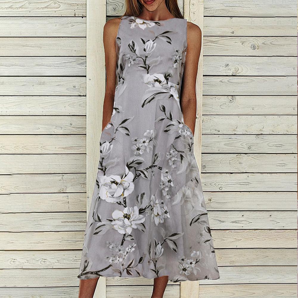 Floral Print Crew Neck Sleeveless Dress