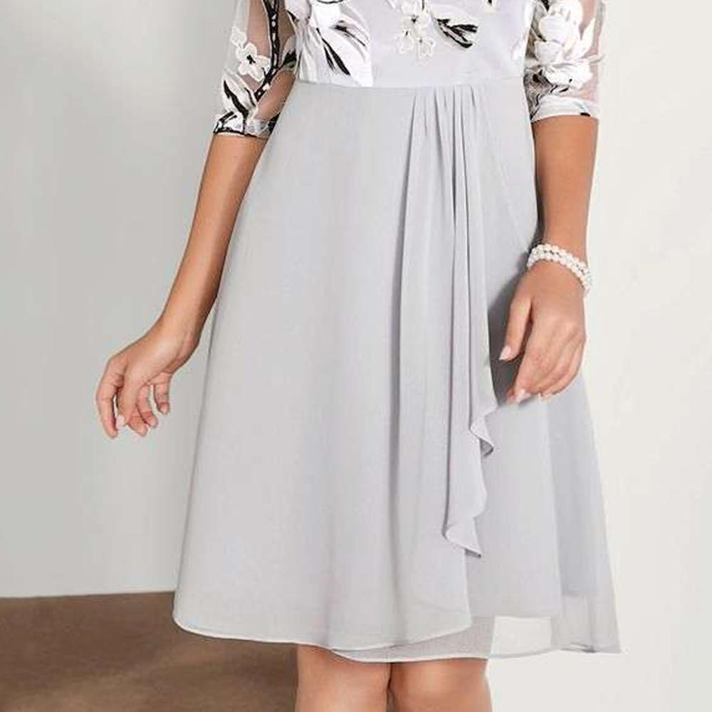 Grey Round Neck Floral Print Mesh Asymmetrical Hem Dress